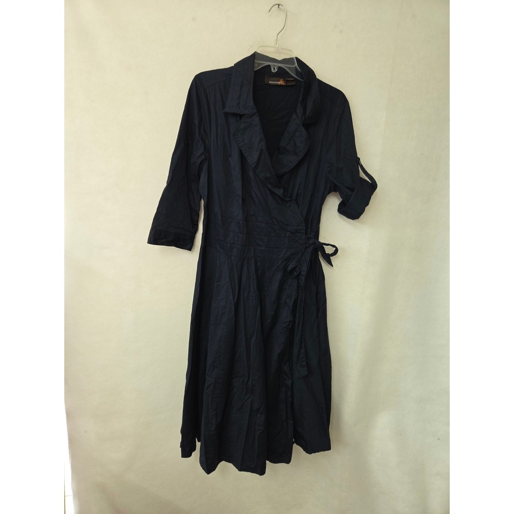 Ashley Stewart Wrap Dress Women 14W Navy Blue Cotton RollTab Midi Notched Collar